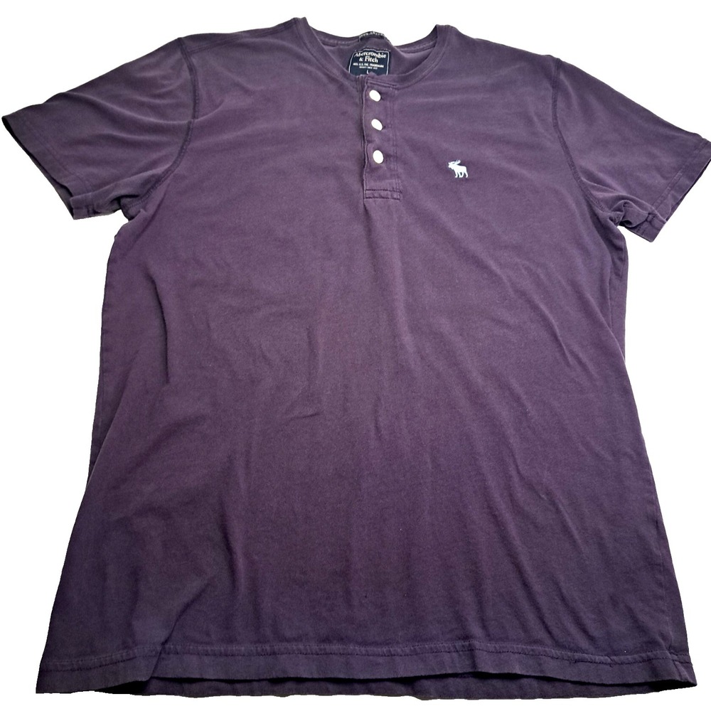 Abercrombie and Fitch Henley T-shirt Mens L Purple Embroidered Teal Moose Preppy